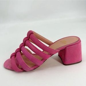 J. Crew Pink Suede Leather Strappy Penny Slide Block Heel Barbie 8 Sandals